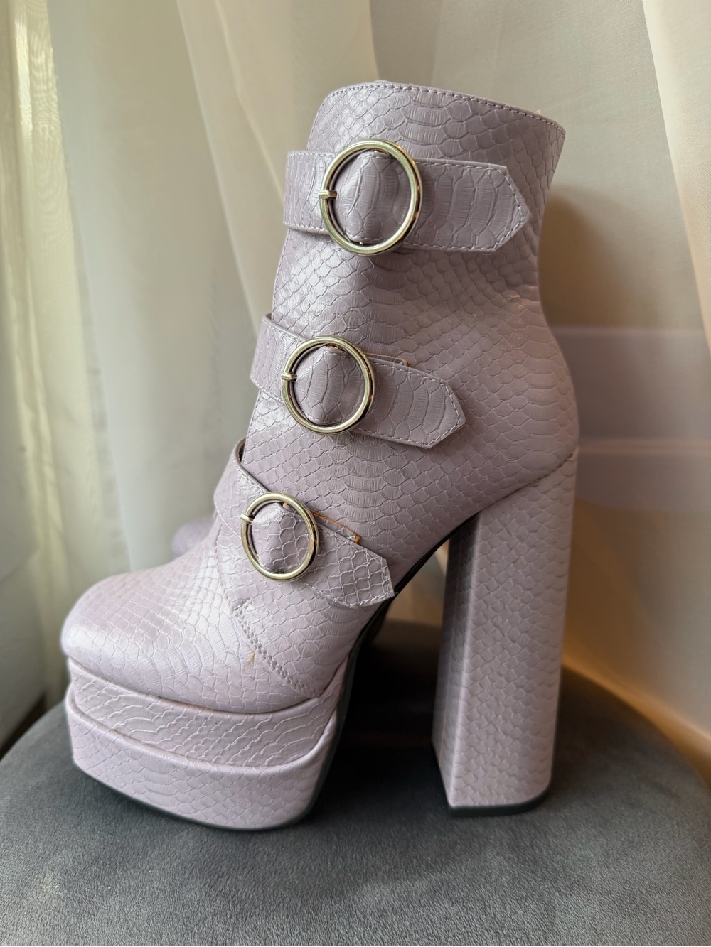 Nasty Gal Lilac Croc-Embossed Buckle Strap Heeled Booties and Matching Purse